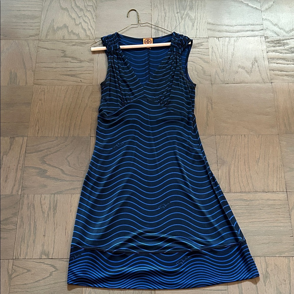 Tory Burch Blue Wave Striped Sleeveless Dress - silk